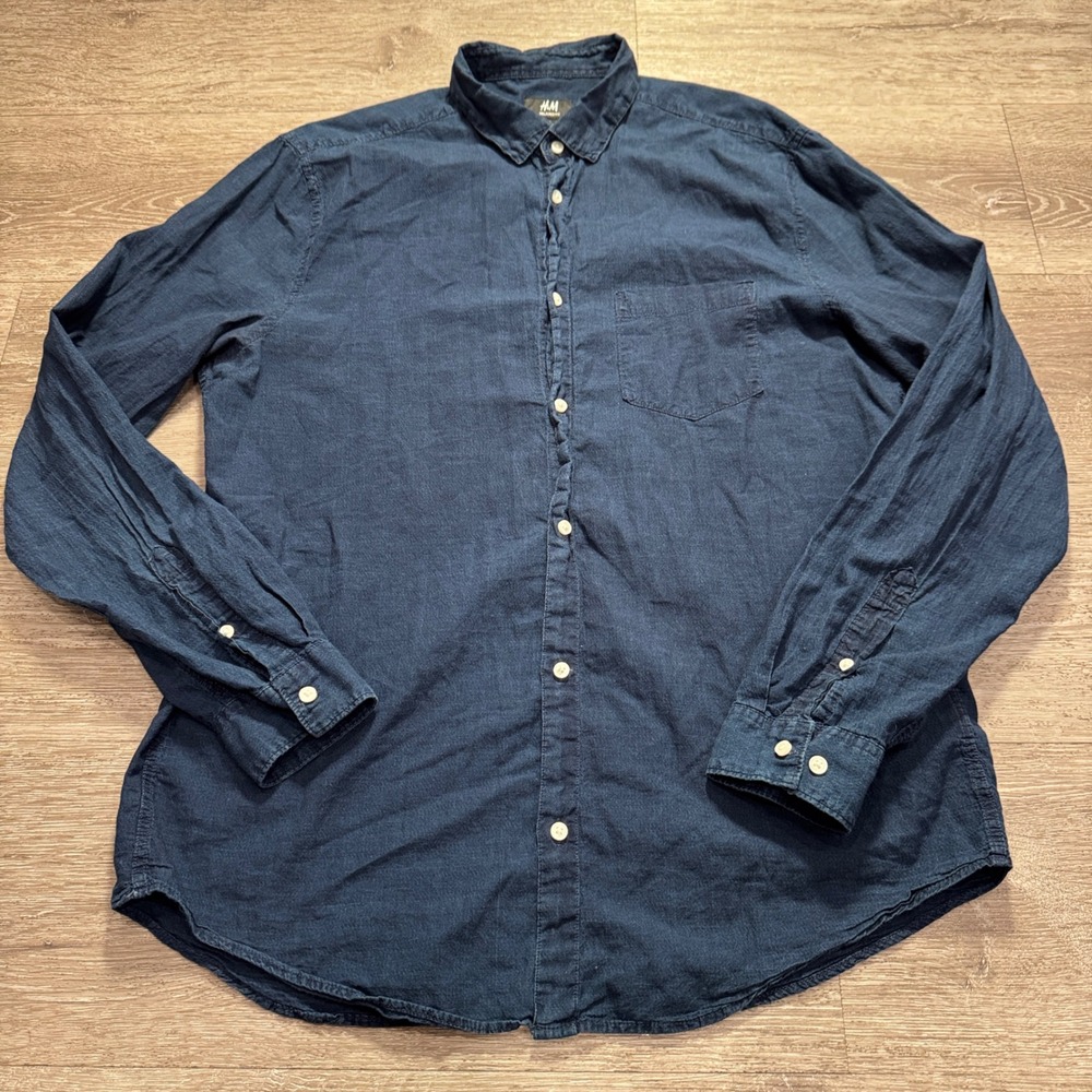 H&M Shirt Mens M Blue Denim Cotton Lightweight Relaxed Fit Casual Western Rodeo